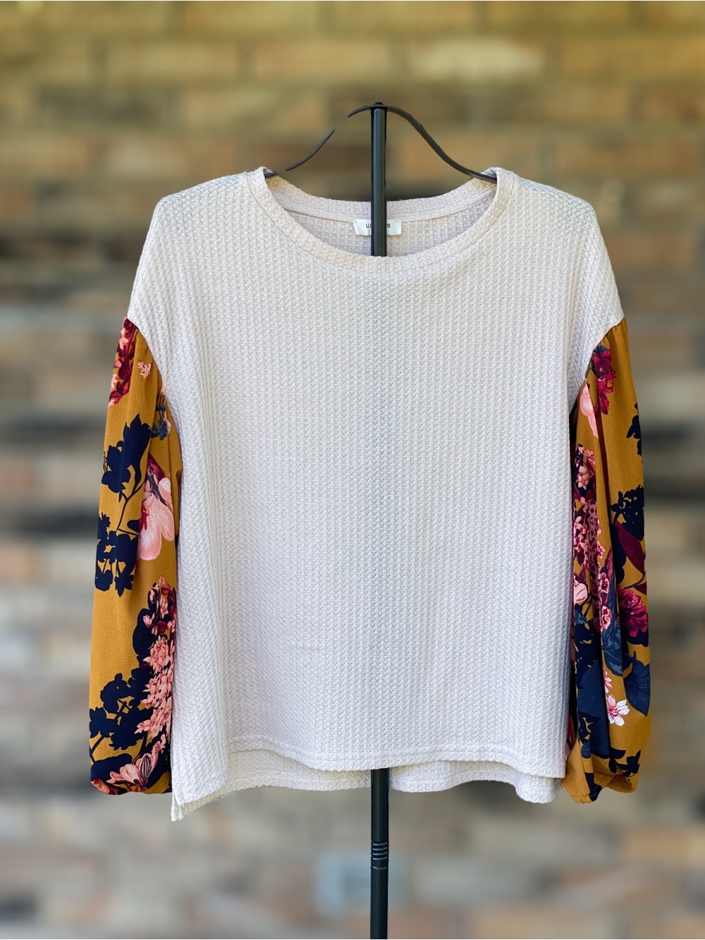 Umgee Large Cream Waffle Knit Mustard Floral Balloon Sleeve Top